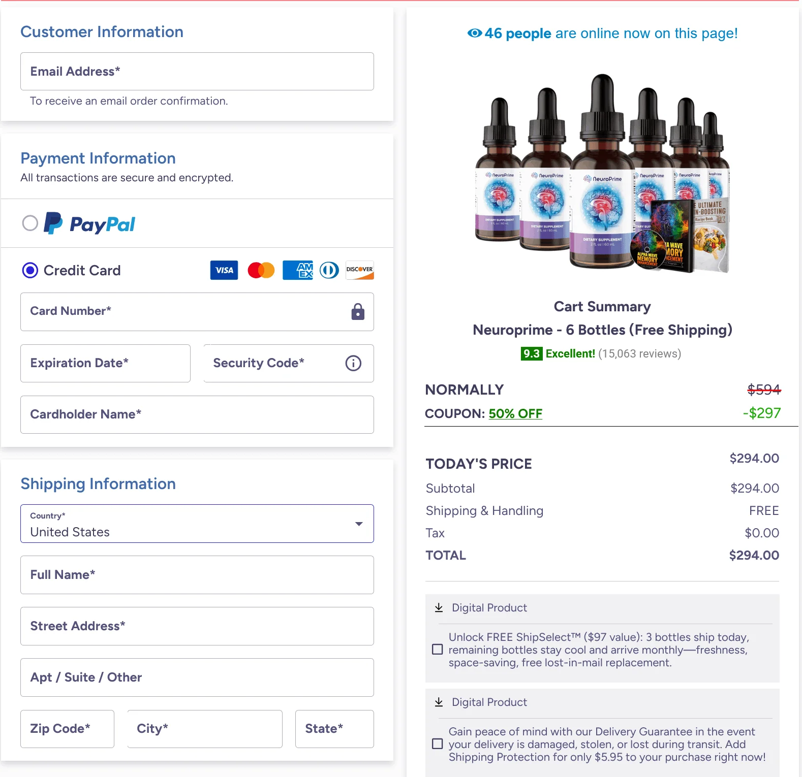 NeuroPrime secure checkout order page
